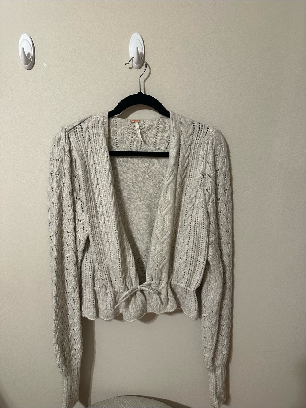 Free People Cream Cable Knit Puff Sleeve Tie-Front Cardigan